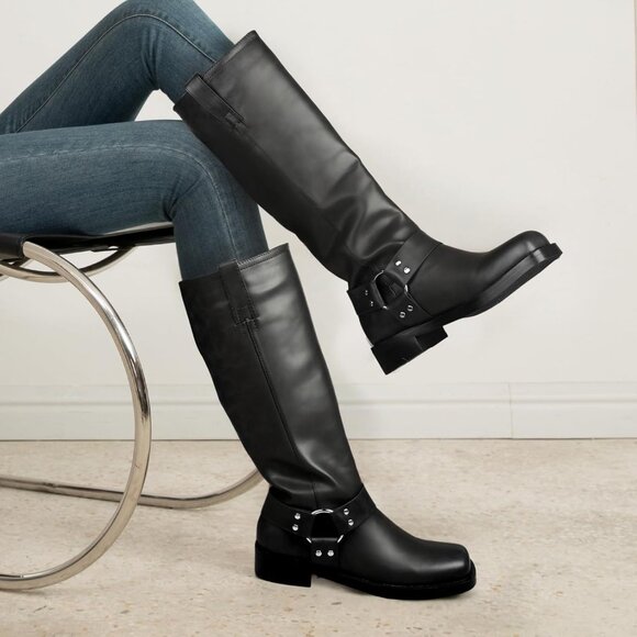 Caradise Women Black Knee High Motorcycle Square Toe Pull On Comfort Flat Boots - Picture 2 of 7